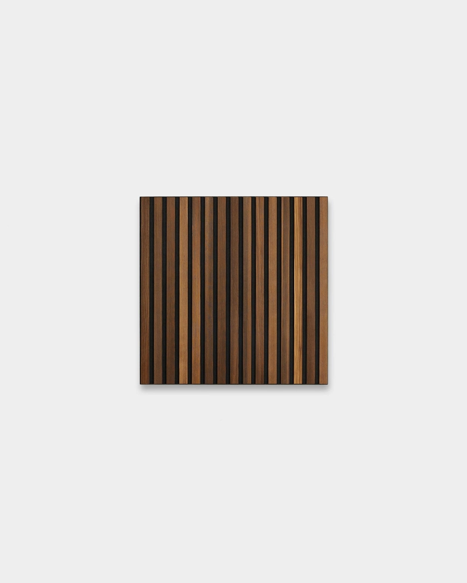 Akupixel Acoustic Panel by WoodUpp with smoked larch and natural wood slats on black felt, 60 x 60 cm, showcasing Scandinavian design.