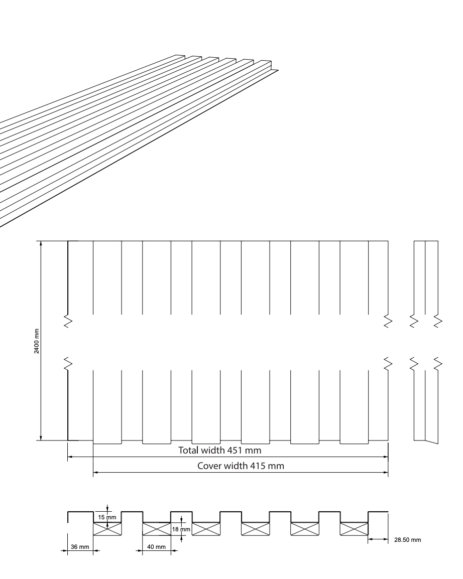 Technical drawing of a slat facade panel - total width 451 mm, cover width 415 mm, height 28.50 mm