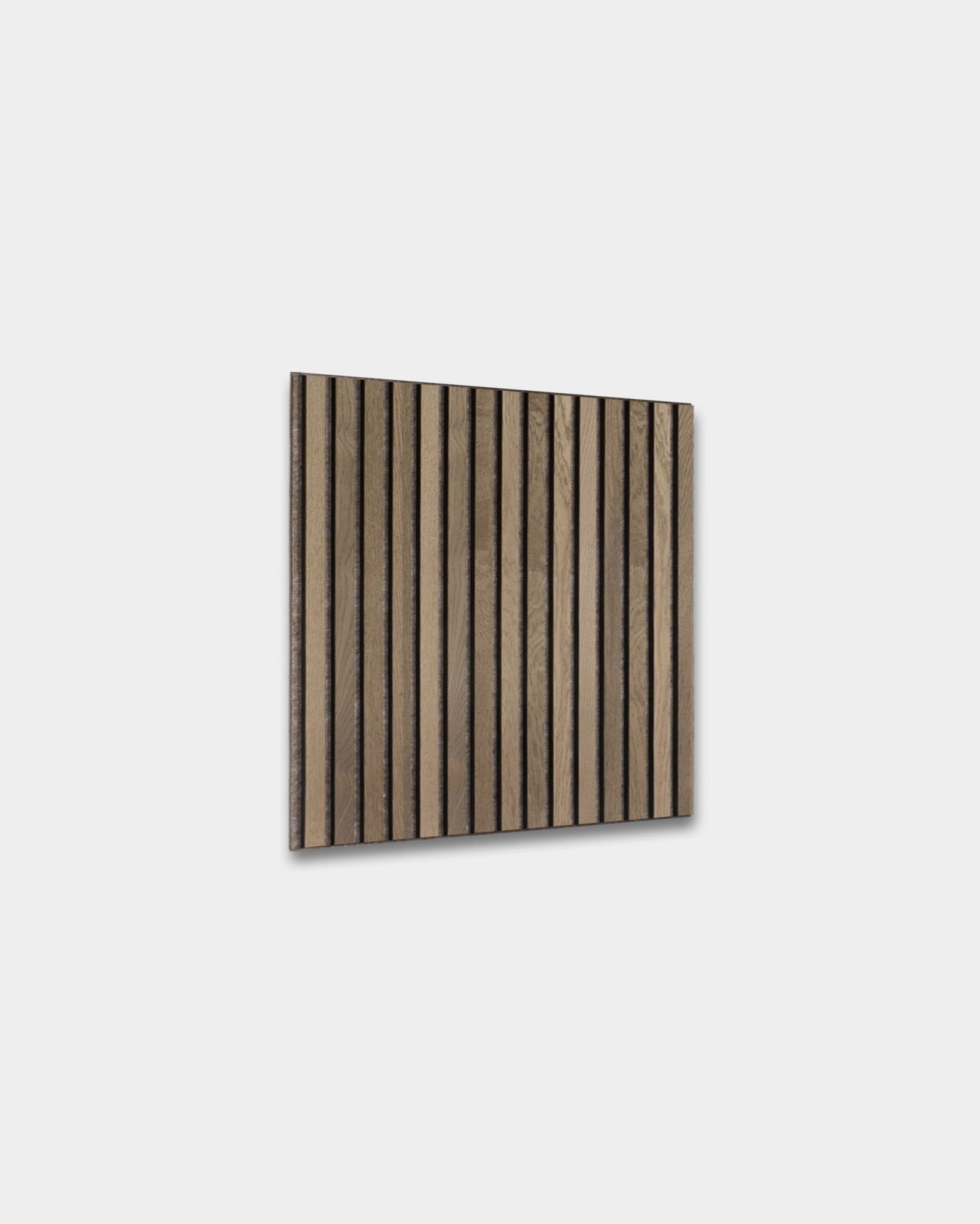 WoodUpp Akupixel acoustic panel, 60x60 cm, natural wood and rustic grey oak slats with warm grey felt backing, modern Nordic design on a light gray background.