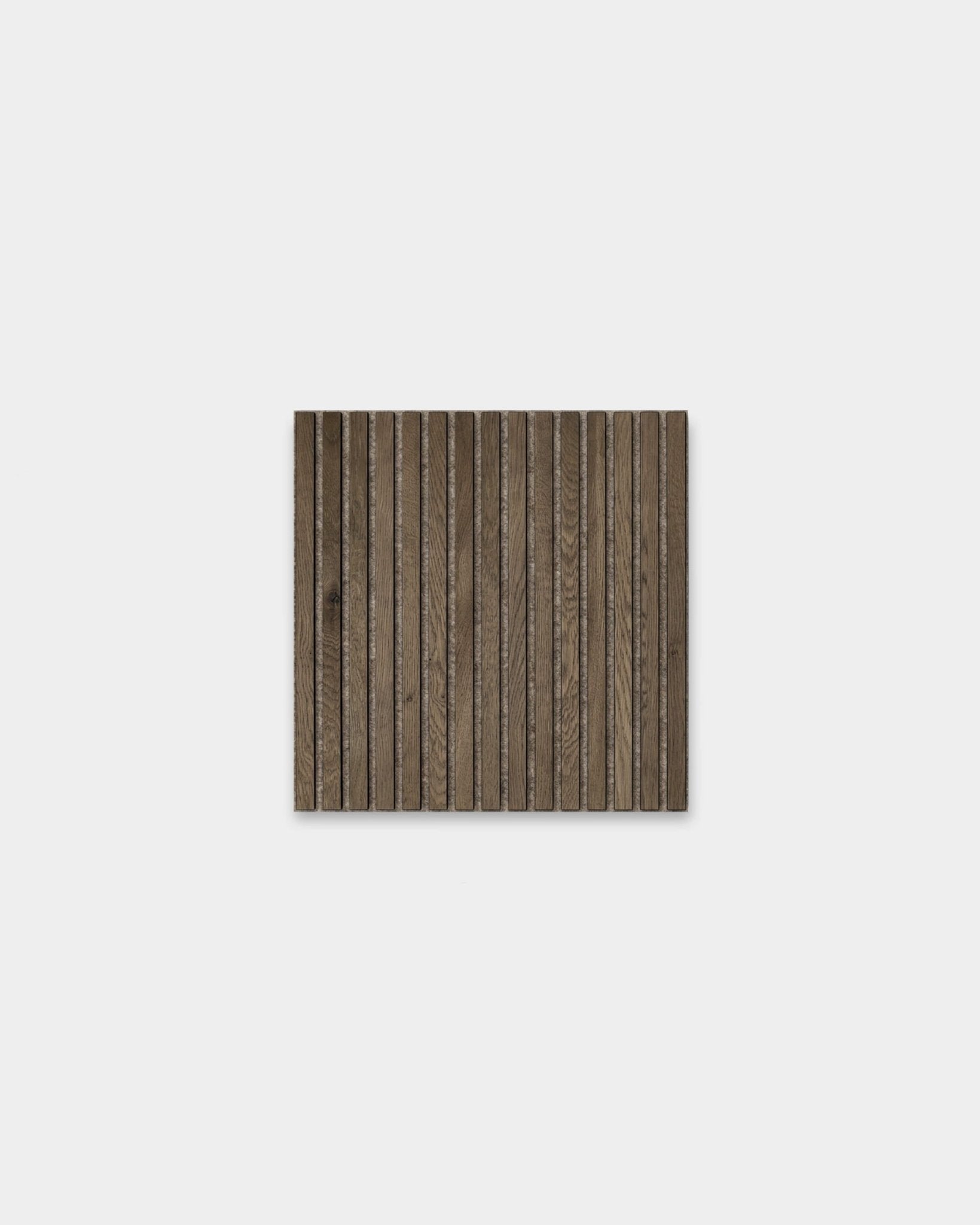 WoodUpp Akupixel acoustic panel in rustic grey oak with warm grey felt, 60 x 60 cm, featuring square vertical slats and Scandinavian design.