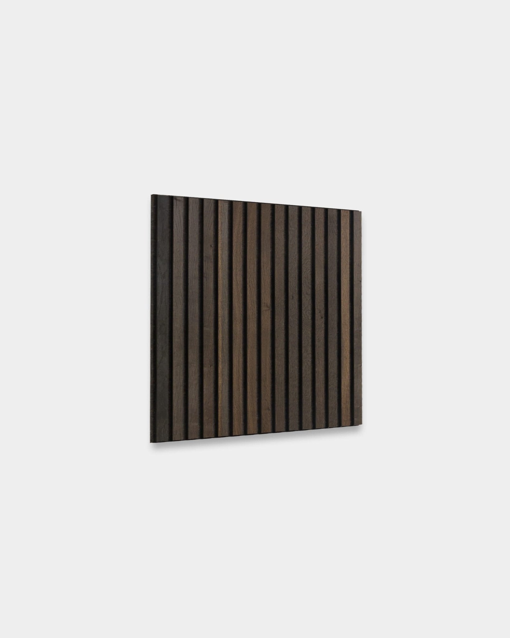 WoodUpp Akupixel acoustic panel with rustic smoked oak slats and bronzed brown felt, 60x60 cm, displayed on a plain white background.