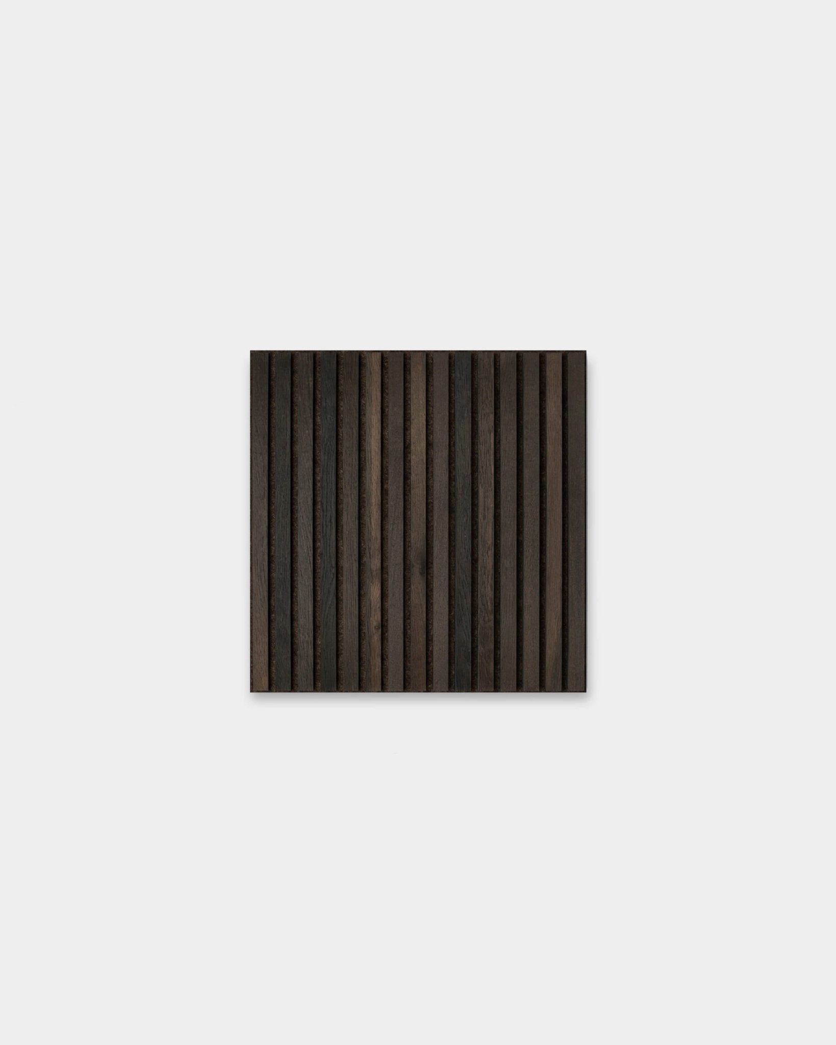 WoodUpp Akupixel acoustic panel in natural wood with rustic smoked oak slats and bronzed brown felt backing, 60x60 cm, centered on a plain white background.